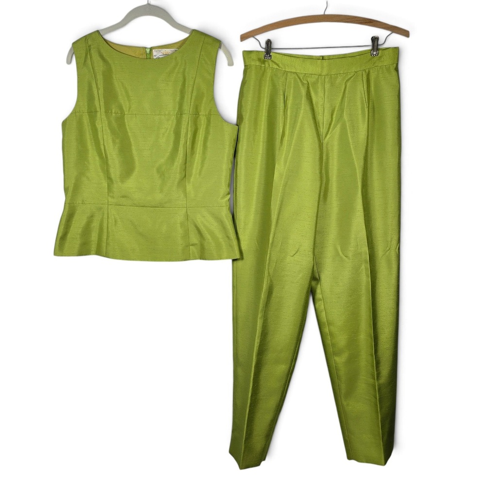VTG Visage Royal Pant Set Womens 12 Peplum Top Straight Leg Lime Green Textured